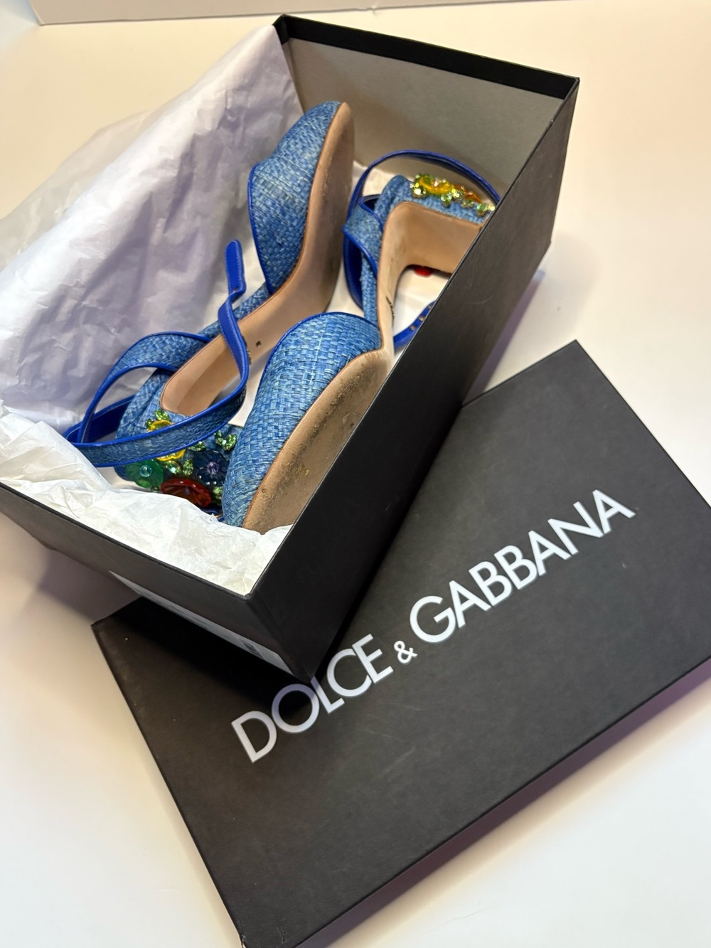 Blue Woven Ankle-Strap Pump with Decorative Heel